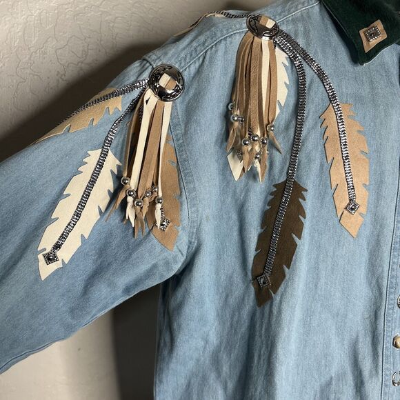 VTG Tillman Blue Denim Suede Fringed Horseshoe Western Shirt - Picture 10 of 14